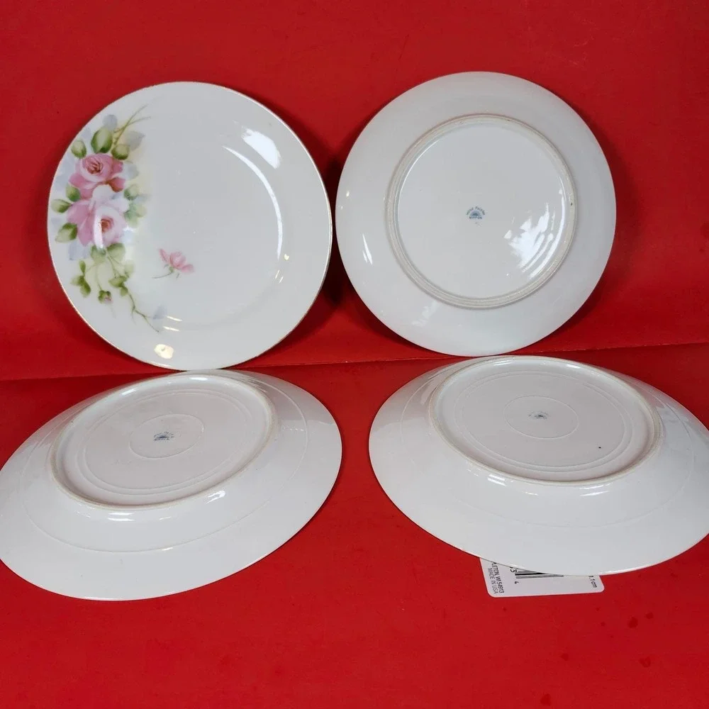 Vintage Hand Painted Nippon Plates Set of 4 Pink Roses Gold Rim Dining‎
